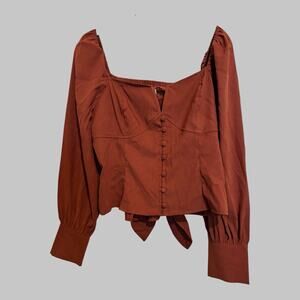 Smocked Back Tie Bohemian Rust Sweetheart Cropped Puffed Sleeves Autumn Blouse L